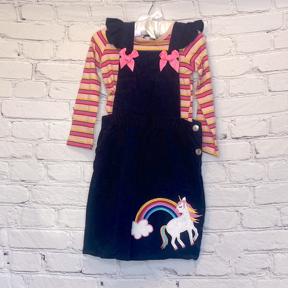 Rare Editions Navy Blue Corduroy Pink Striped Long Sleeve Unicorn Jumper Outfit